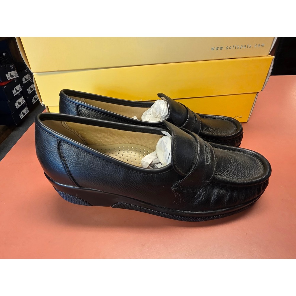 Softspots Pennie Black Leather Loafers Womens 5 M Pillowtop Comfort Wedge Shoes